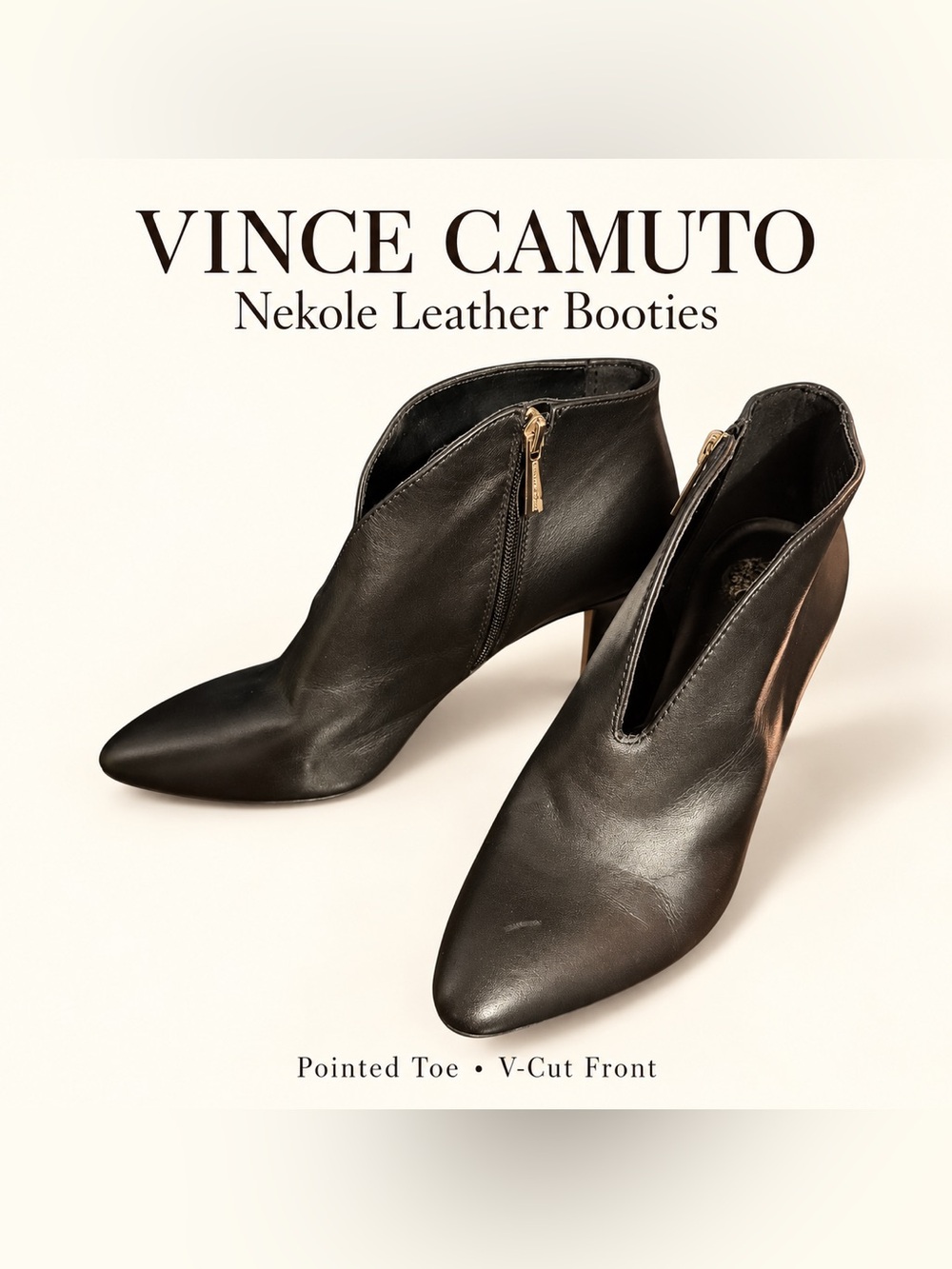 Vince Camuto Black Leather V Cut Pointed Toe Booties Size 8 Black